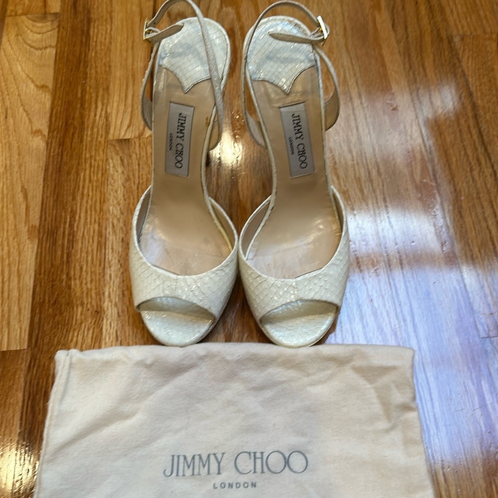 Jimmy Choo Ivory Snake-Embossed Slingback Heels
